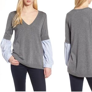 Trouvé Sweater Blouse | LIGHTWEIGHT Woven Sleeve Sweater | Dark Grey Heather